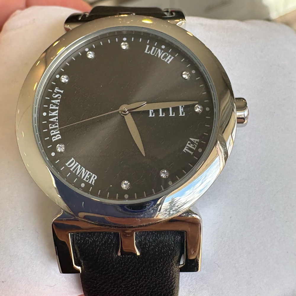 Elle Stainless Steel Black Watch with genuine leather band.